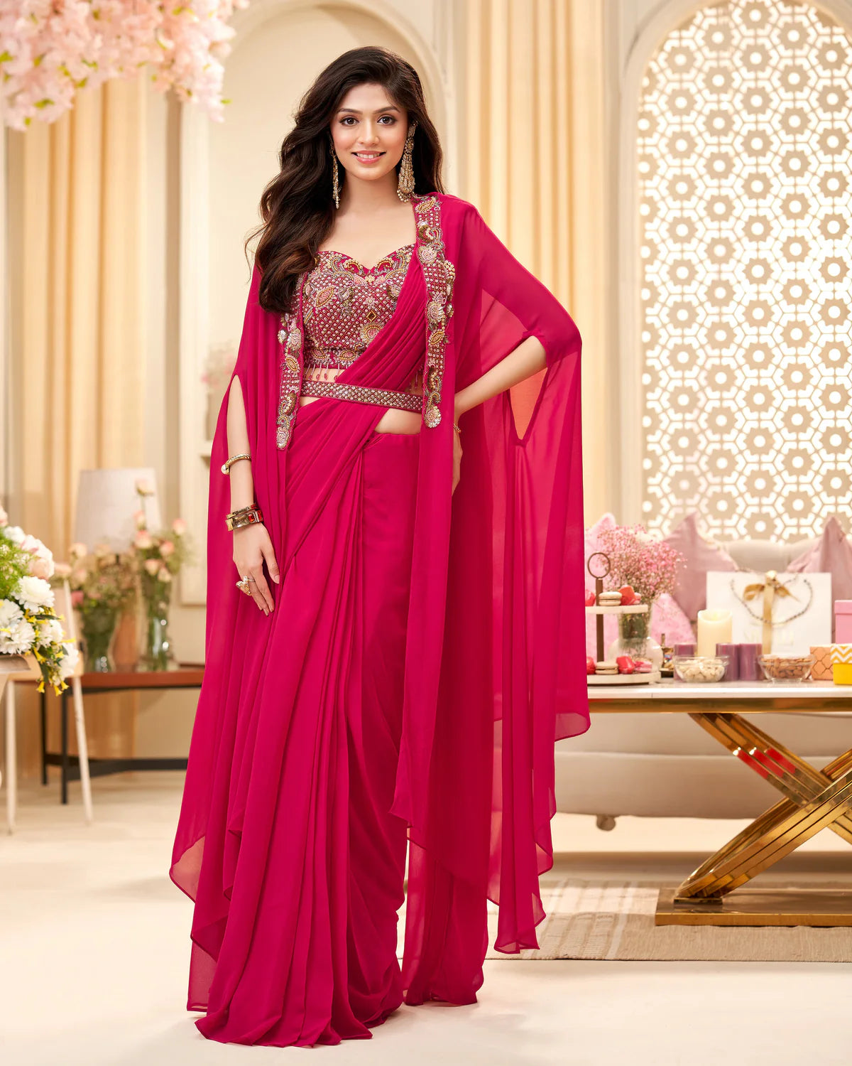 Hot Pink Pre-Stitched Saree