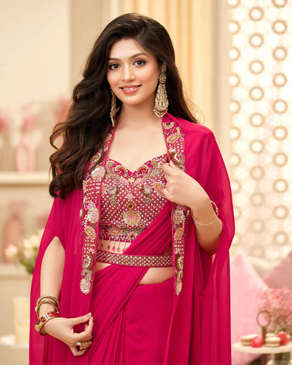 Hot Pink Pre-Stitched Saree