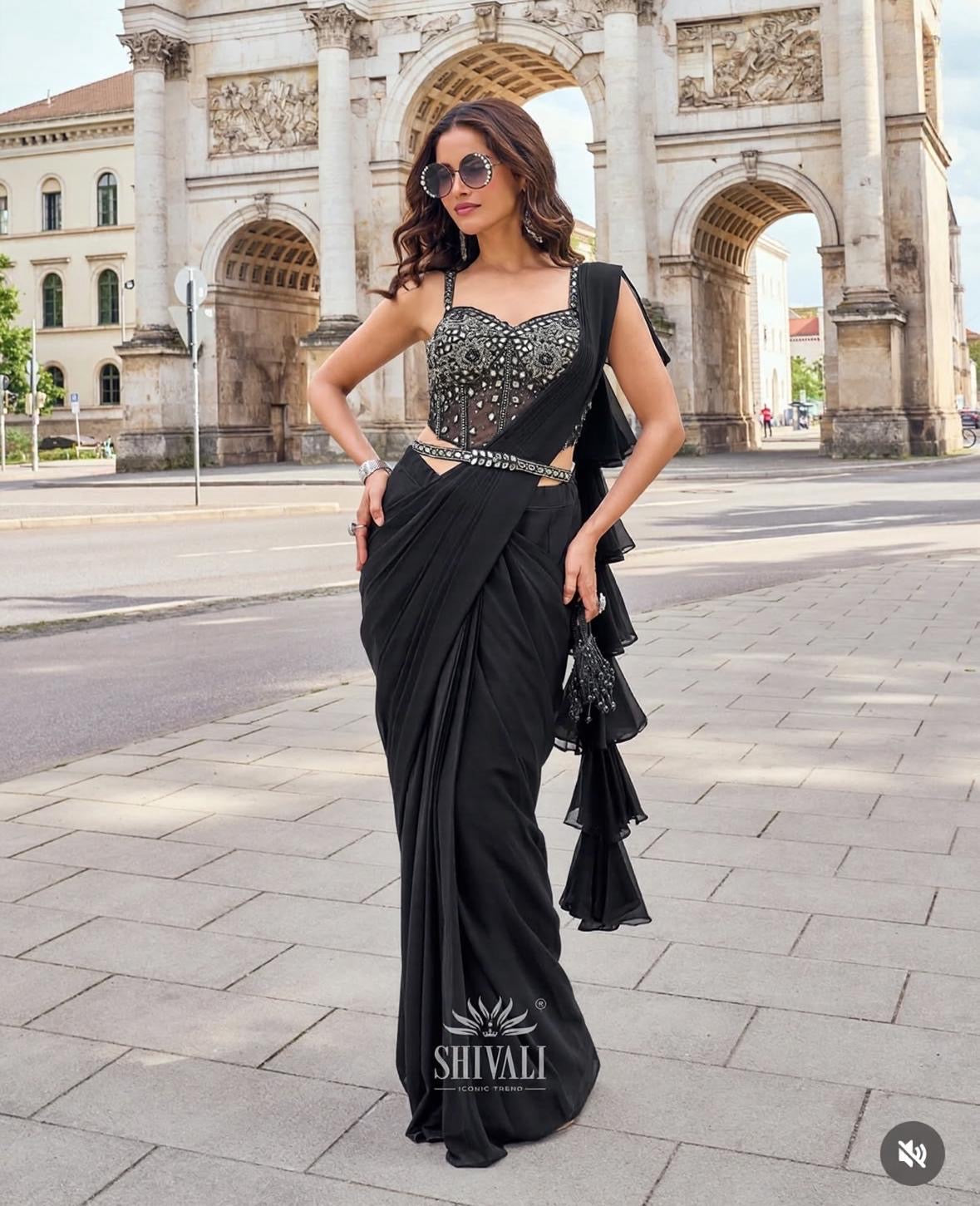 Noir Prism Mirror Work Pre-Draped Saree Set
