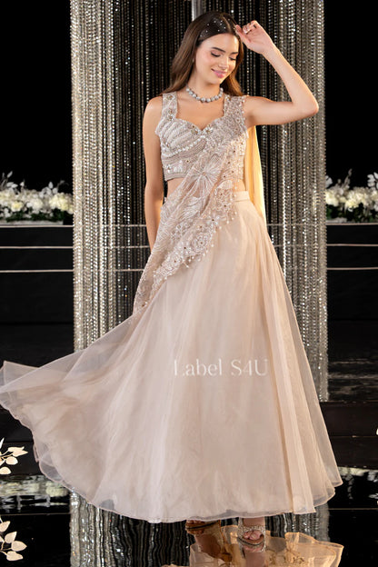 Ivory Crystal Drape Lehenga Set