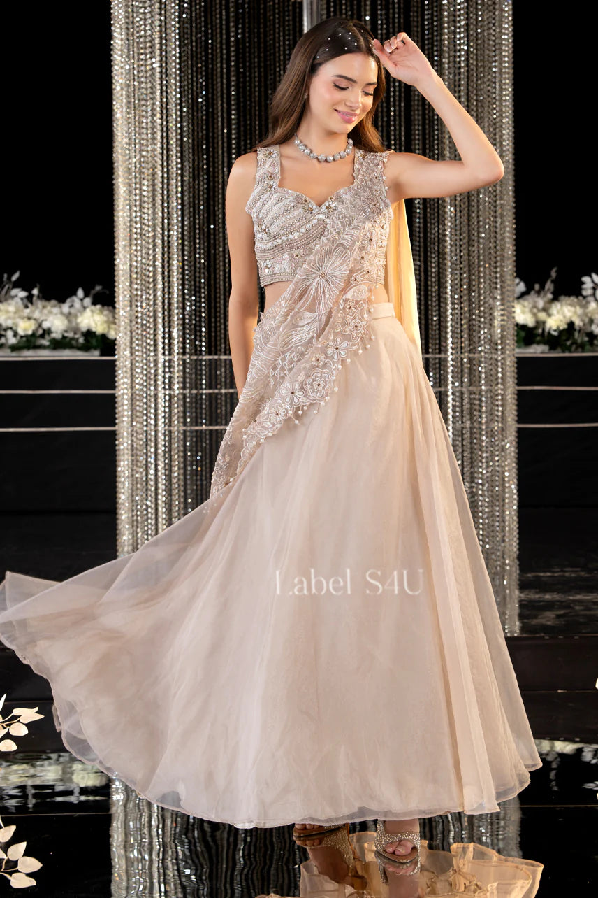 Ivory Crystal Drape Lehenga Set