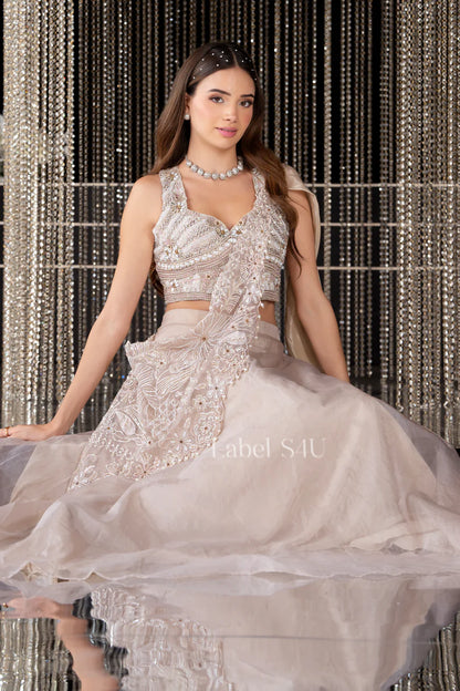 Ivory Crystal Drape Lehenga Set