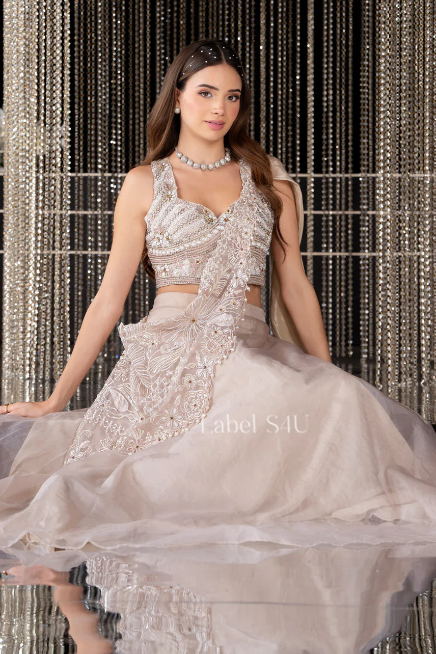 Ivory Crystal Drape Lehenga Set