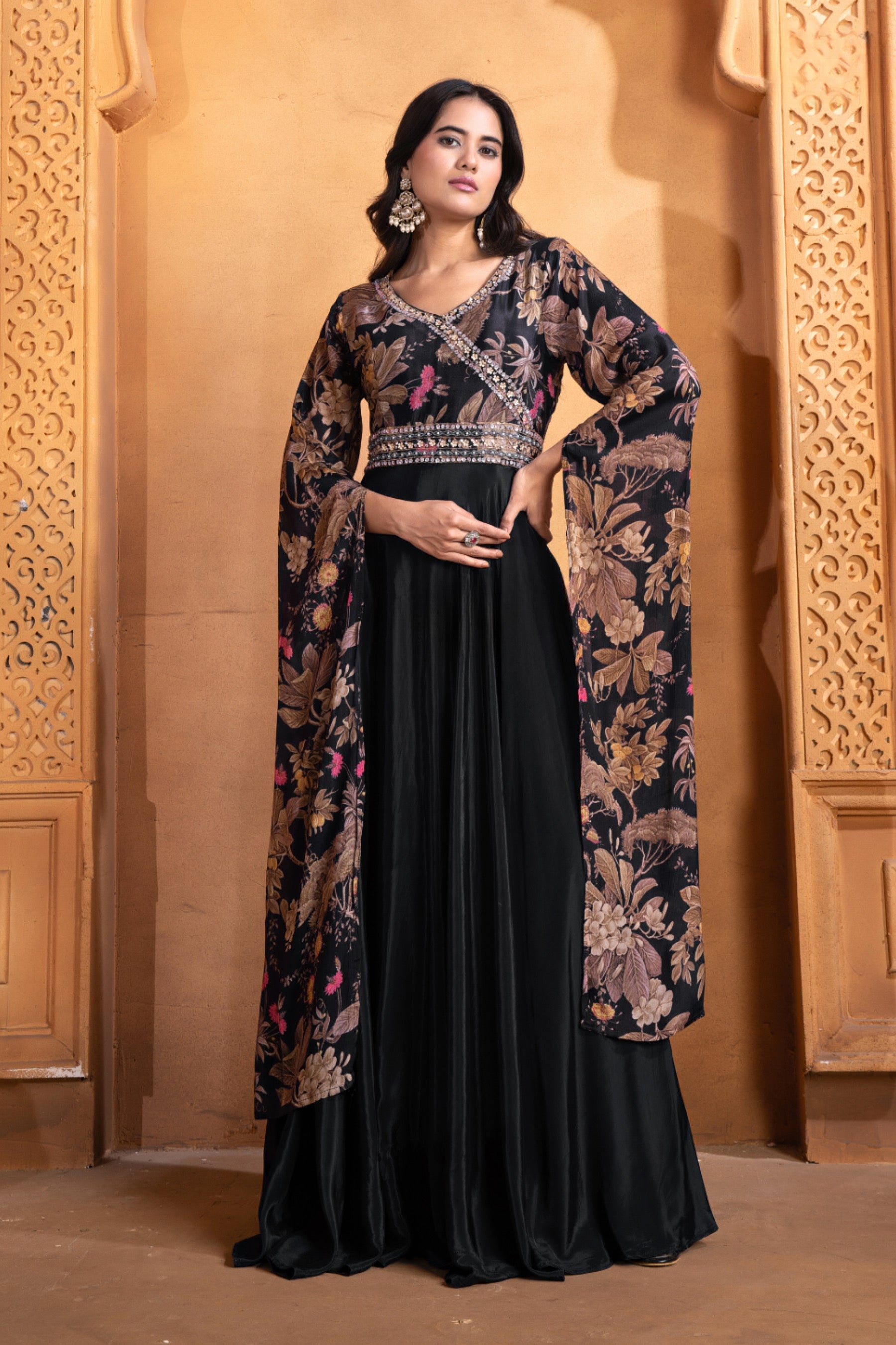 Noir Garden Embellished Floral Cape Gown Set