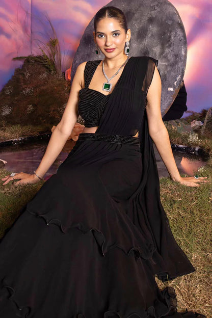 Black Sculpted-Bust Pre-Draped Saree Set