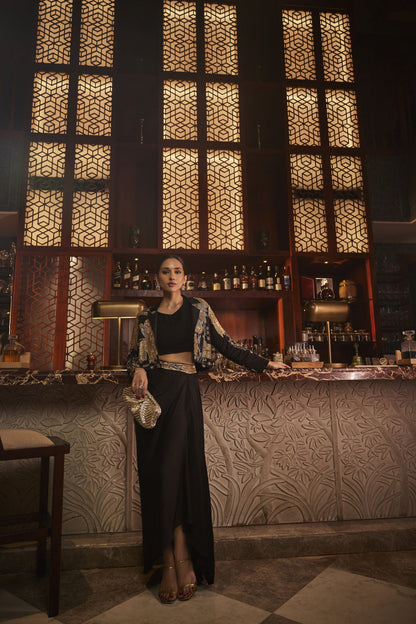 Midnight Stardust Embellished Jacket & Draped Skirt Set