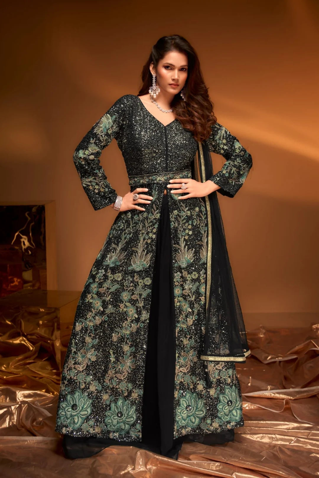 Black Floral Anarkali Set