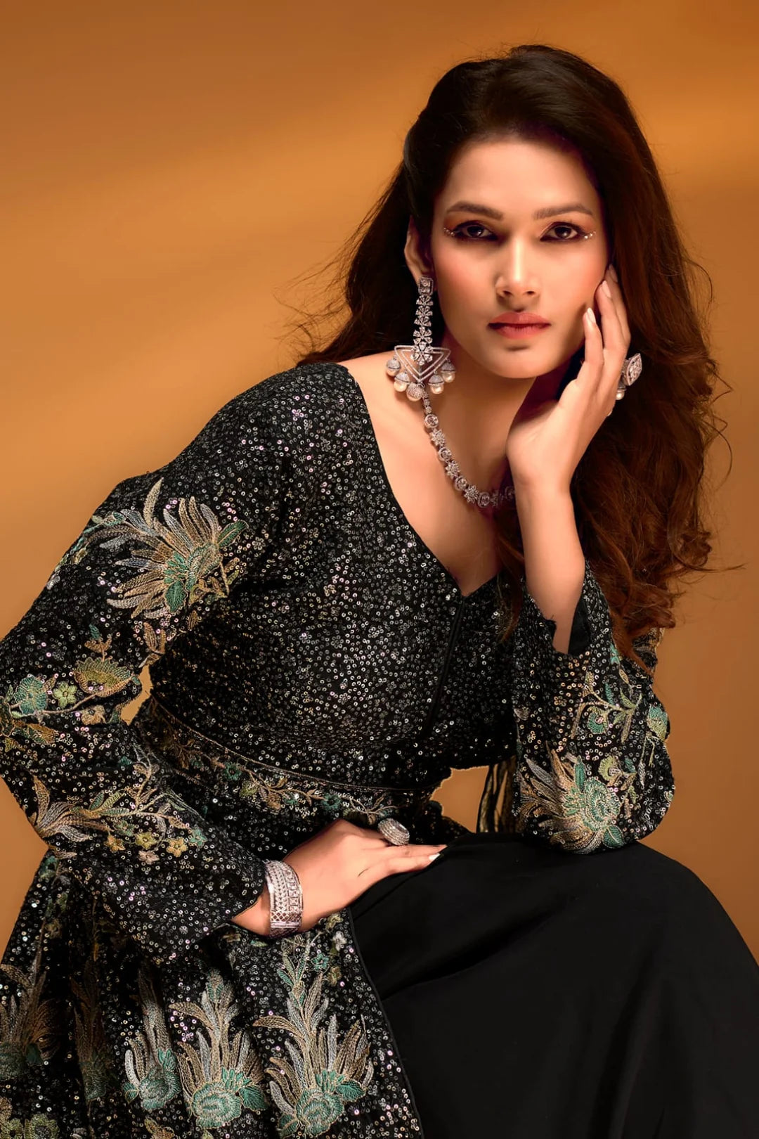 Black Floral Anarkali Set