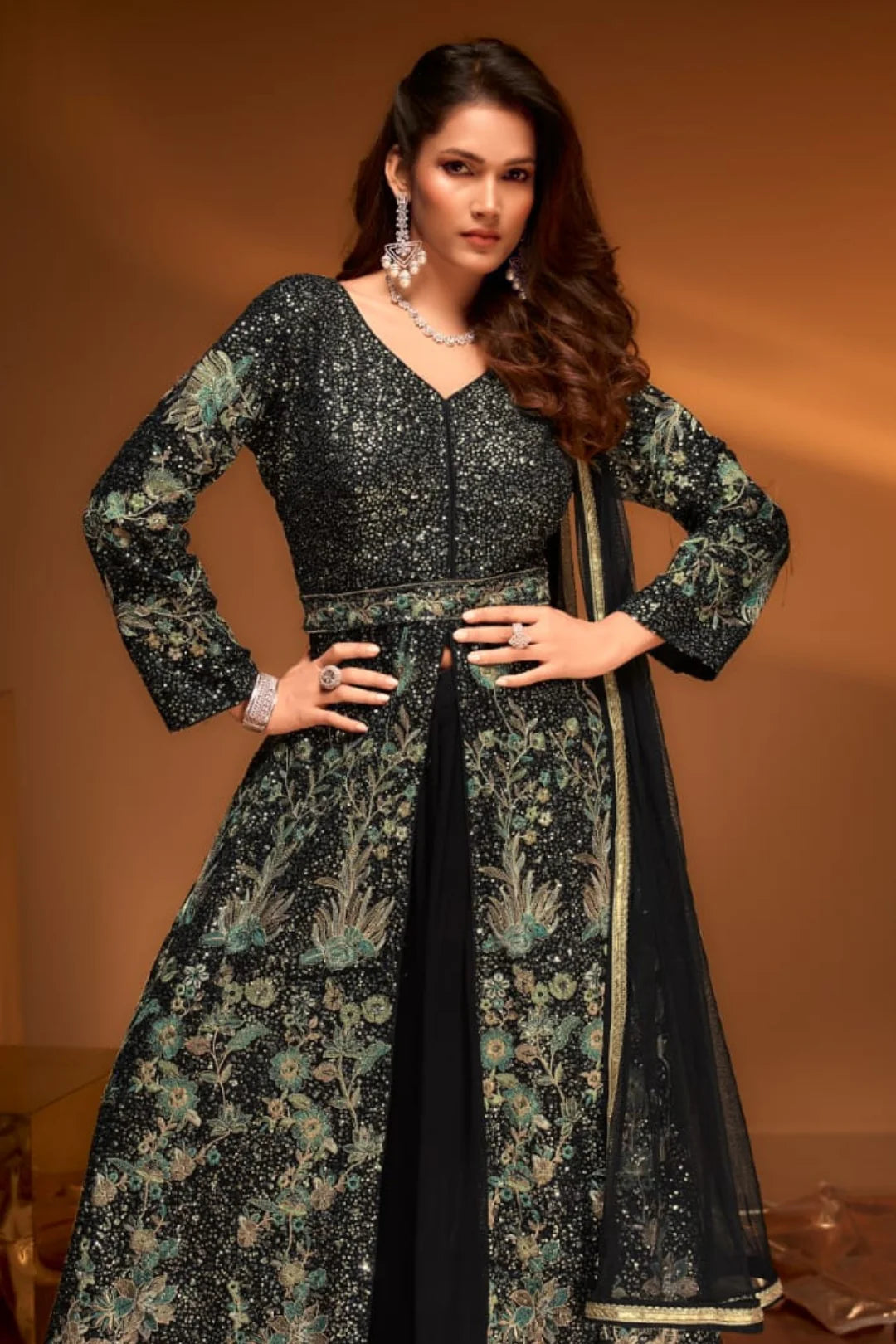 Black Floral Anarkali Set