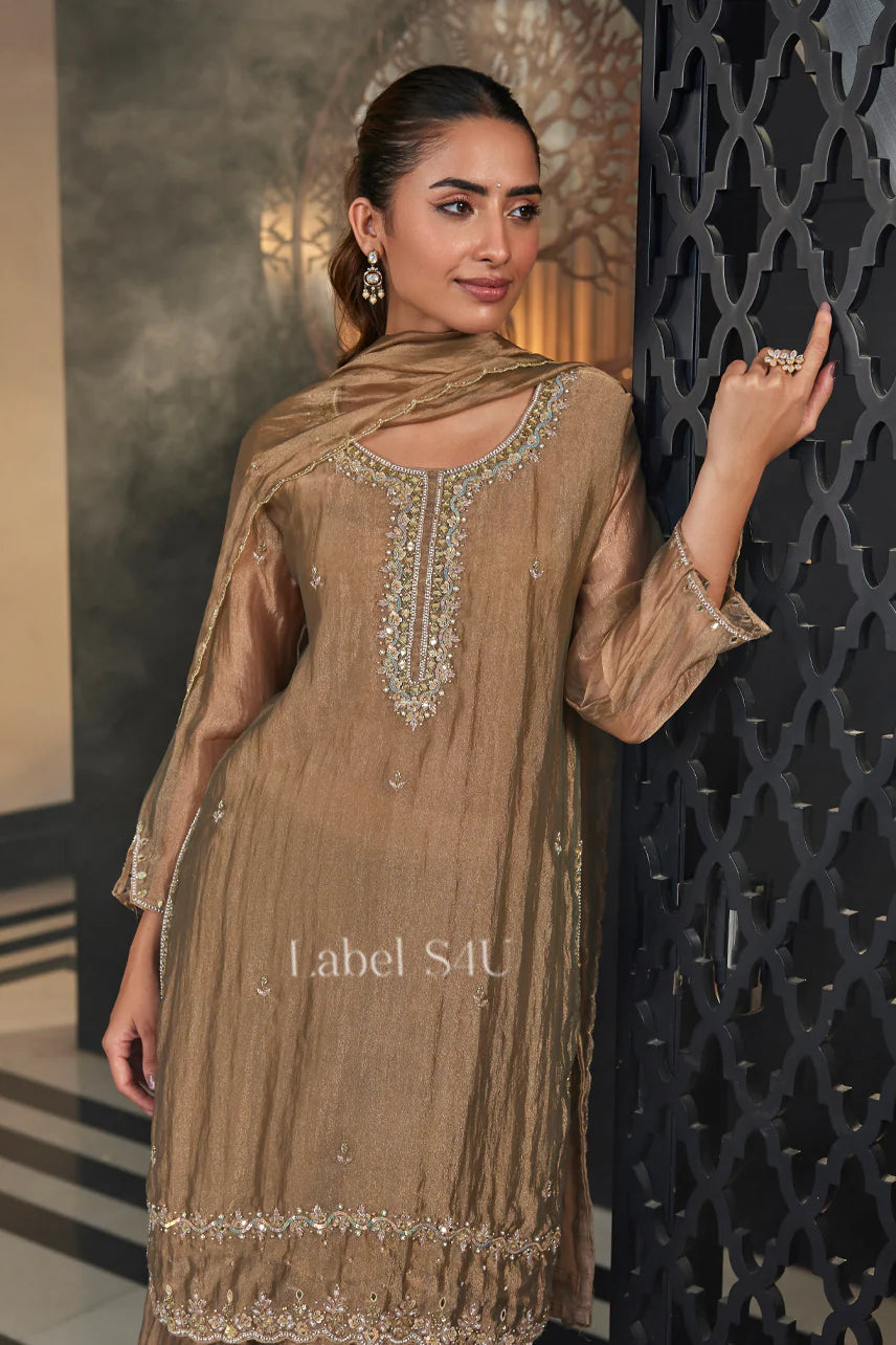 Bronze Sheen Embroidered Kurta Sharara Set