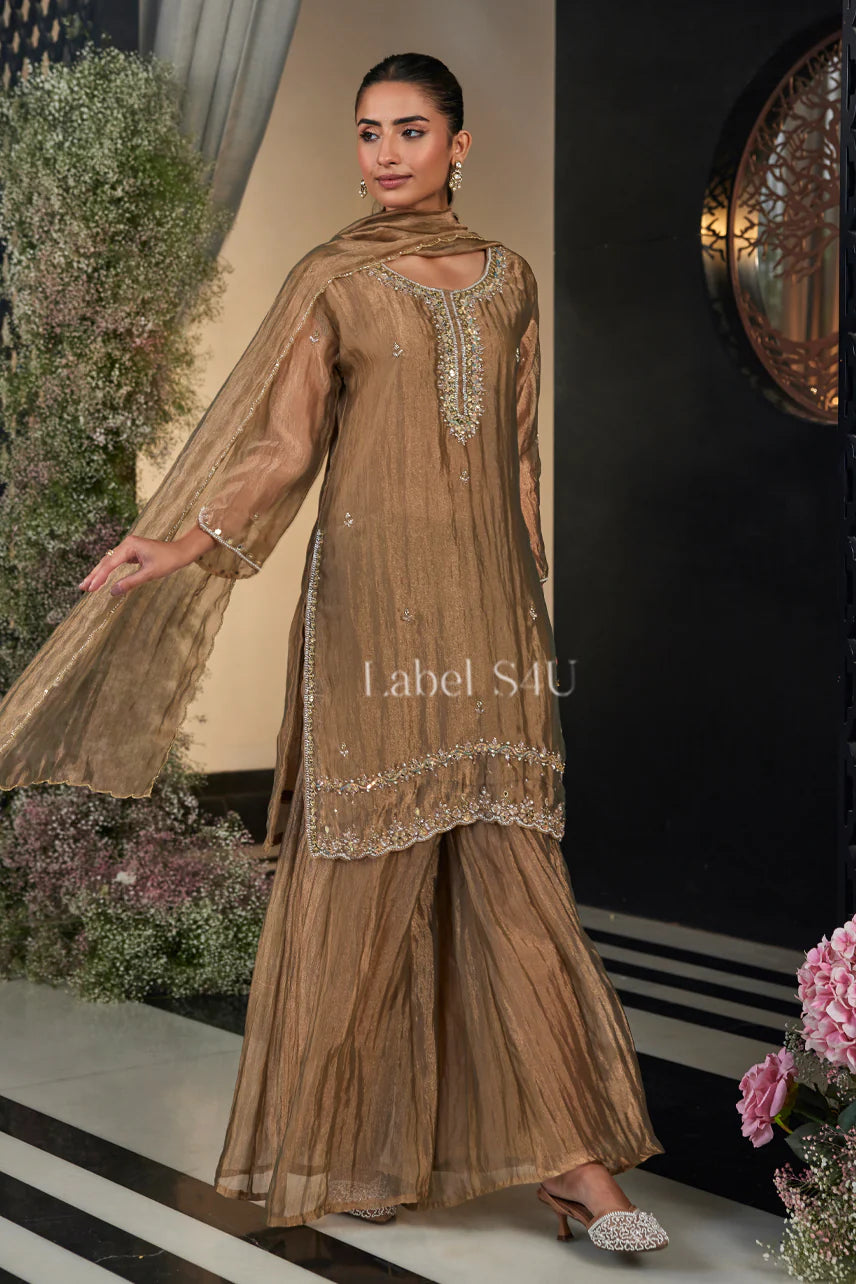 Bronze Sheen Embroidered Kurta Sharara Set