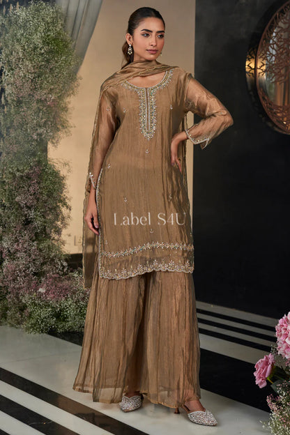 Bronze Sheen Embroidered Kurta Sharara Set