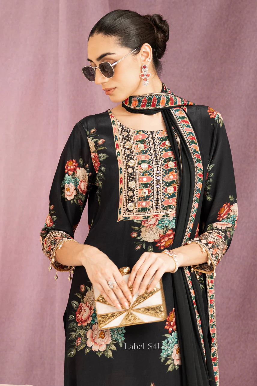 Black Floral Printed Suit Set