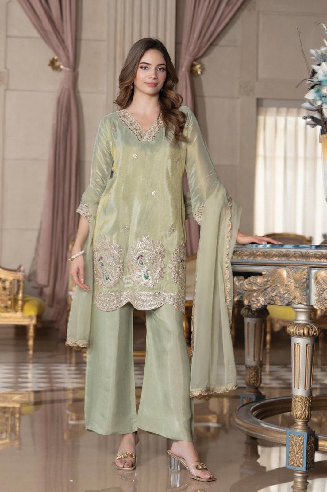 Mint Sheen Embroidered Suit Set