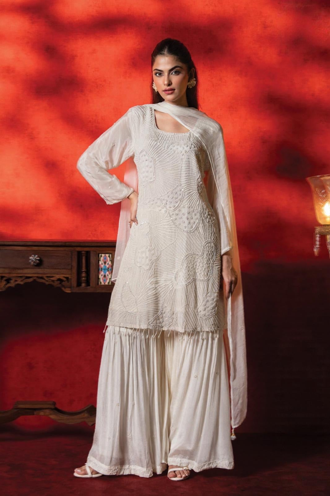 Ivory Textured Sharara Set