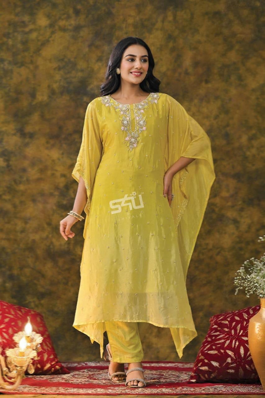 Lime Embellished Kaftan Set