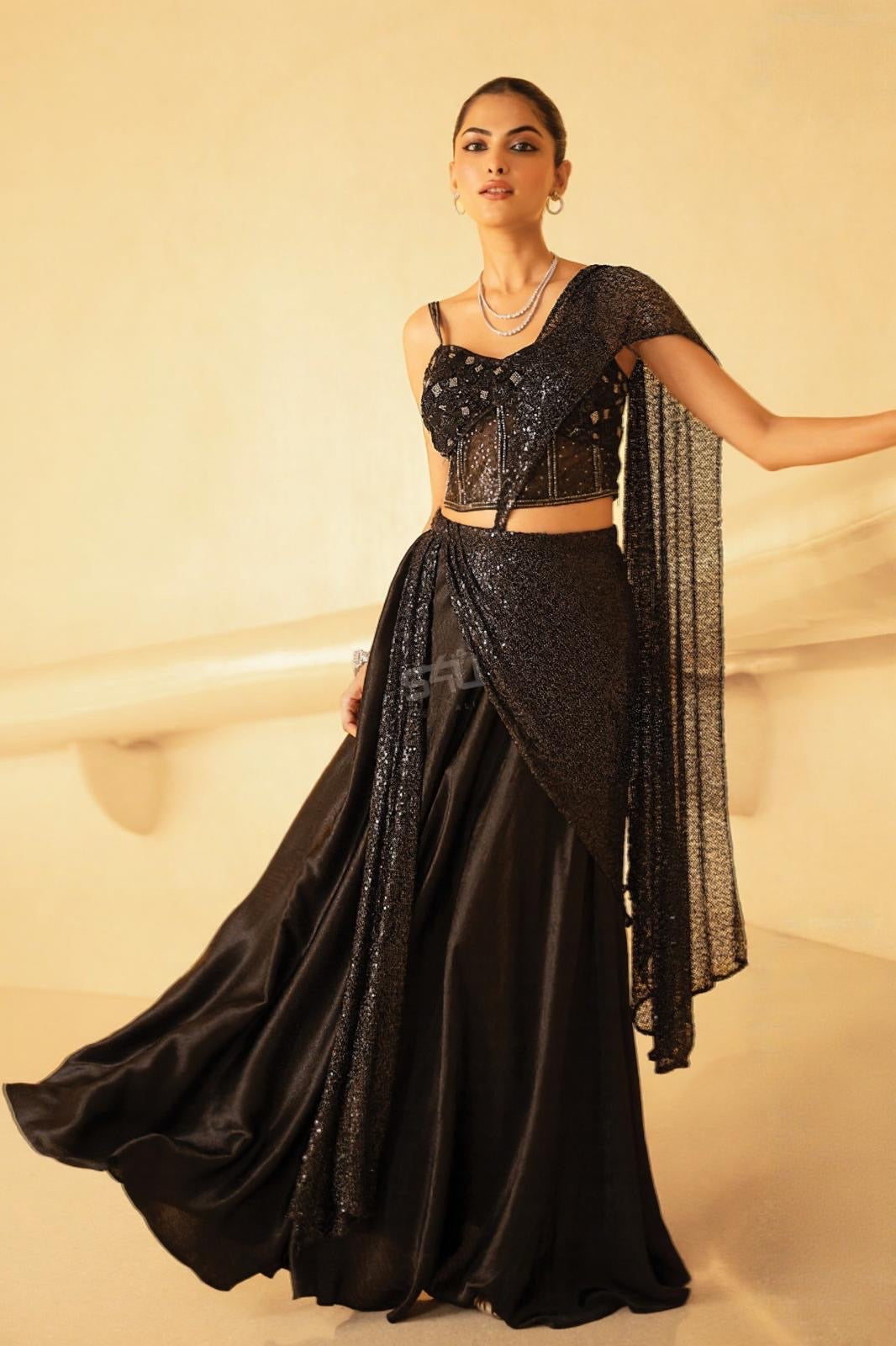 Black Sequin Drape Lehenga Set