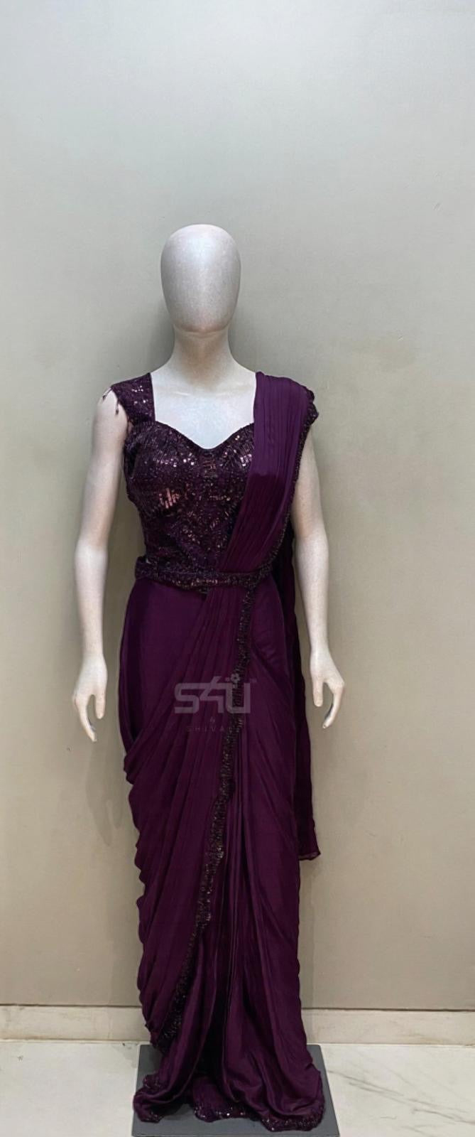 Plum Stardust Draped Saree Gown
