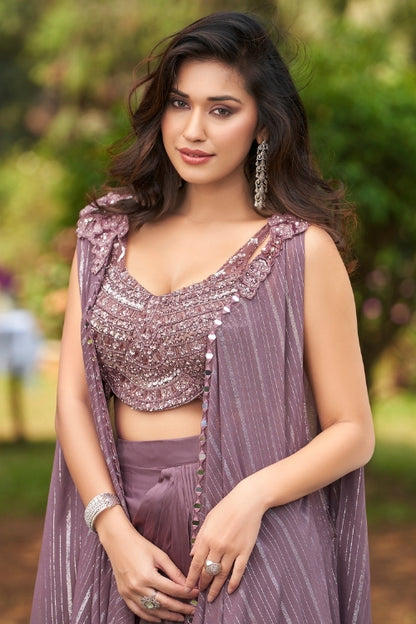 Mauve Luxe Draped Saree Set with Sequin Blouse