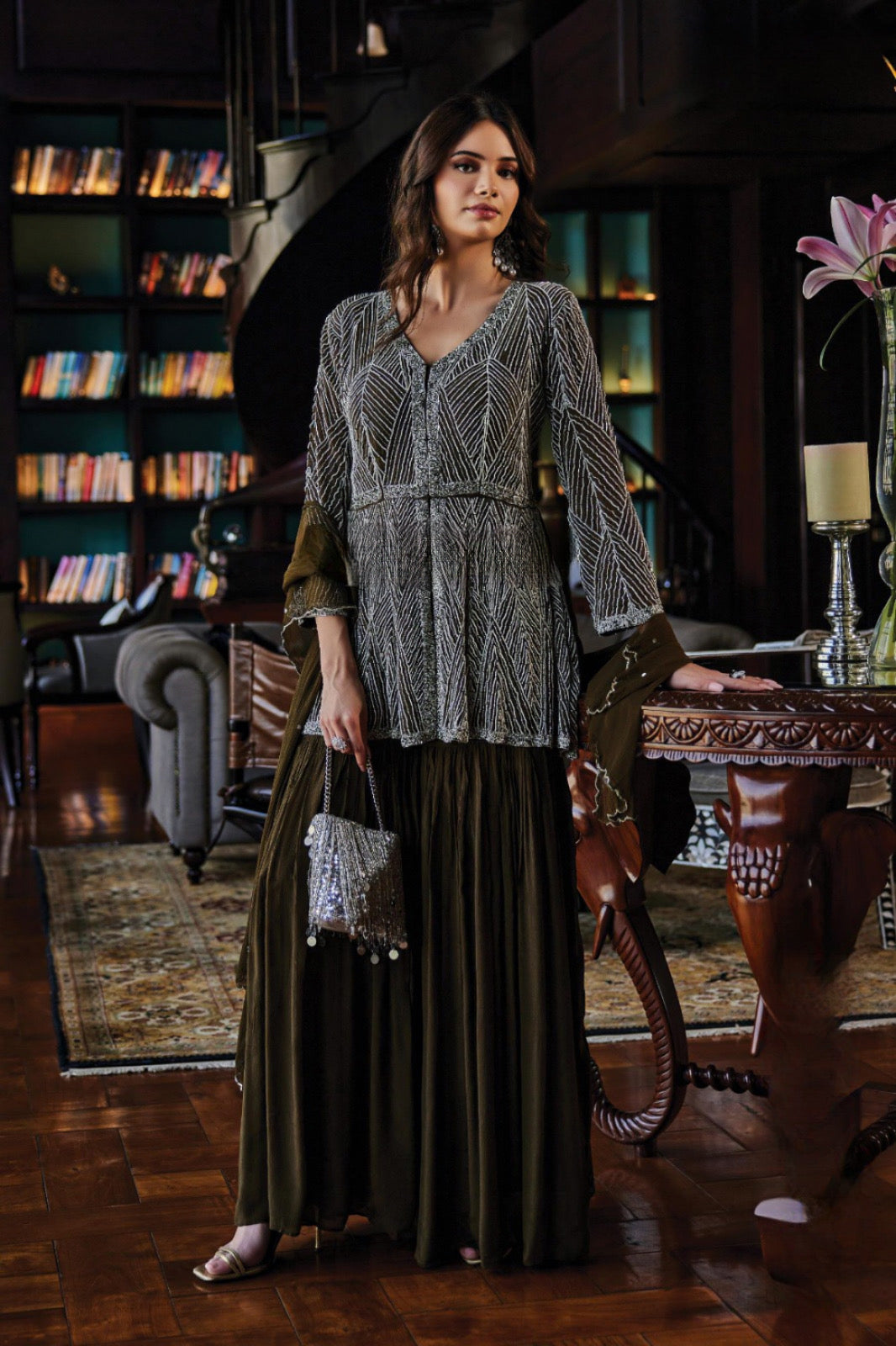 Olive Sequin Peplum Sharara Set