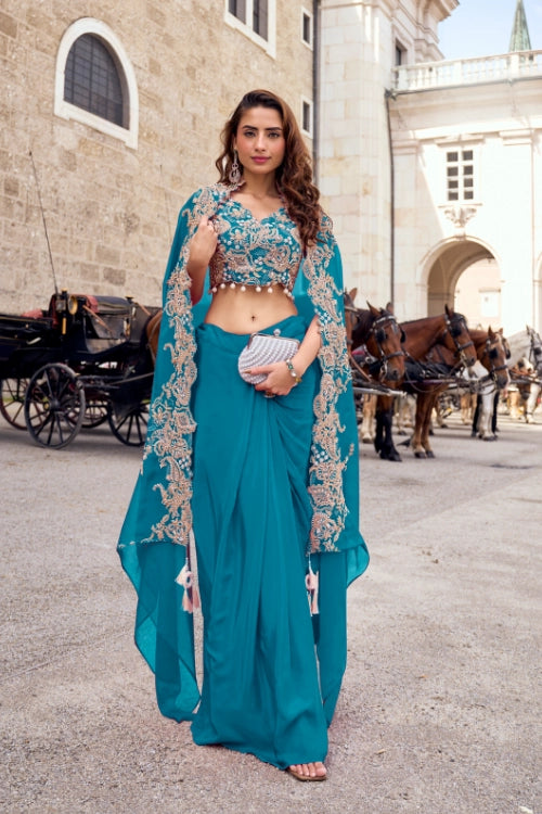 Teal Embroidered Cape Saree