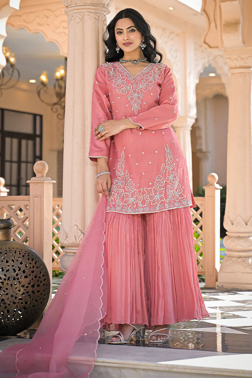 Pink Floral-Embroidered Sharara Suit