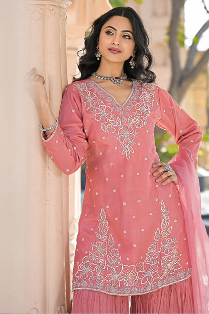 Pink Floral-Embroidered Sharara Suit