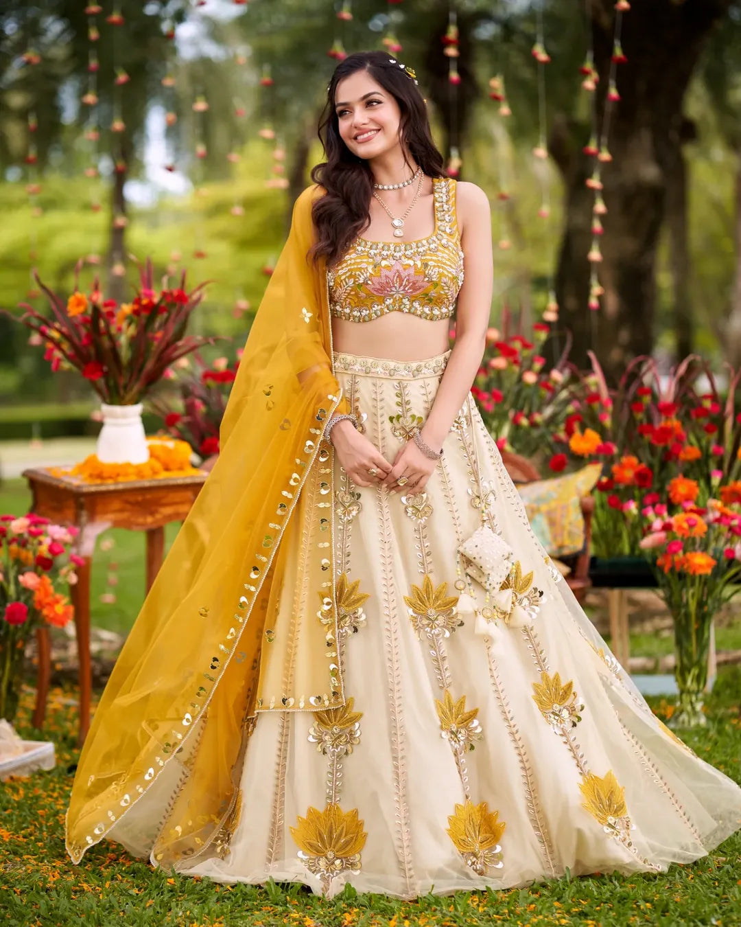 Mustard Mirrorwork Lehenga Set