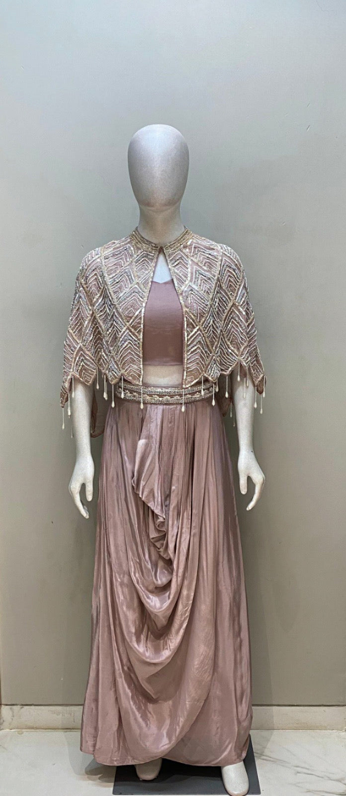 Rose Gold Draped Gown With Beaded Cape