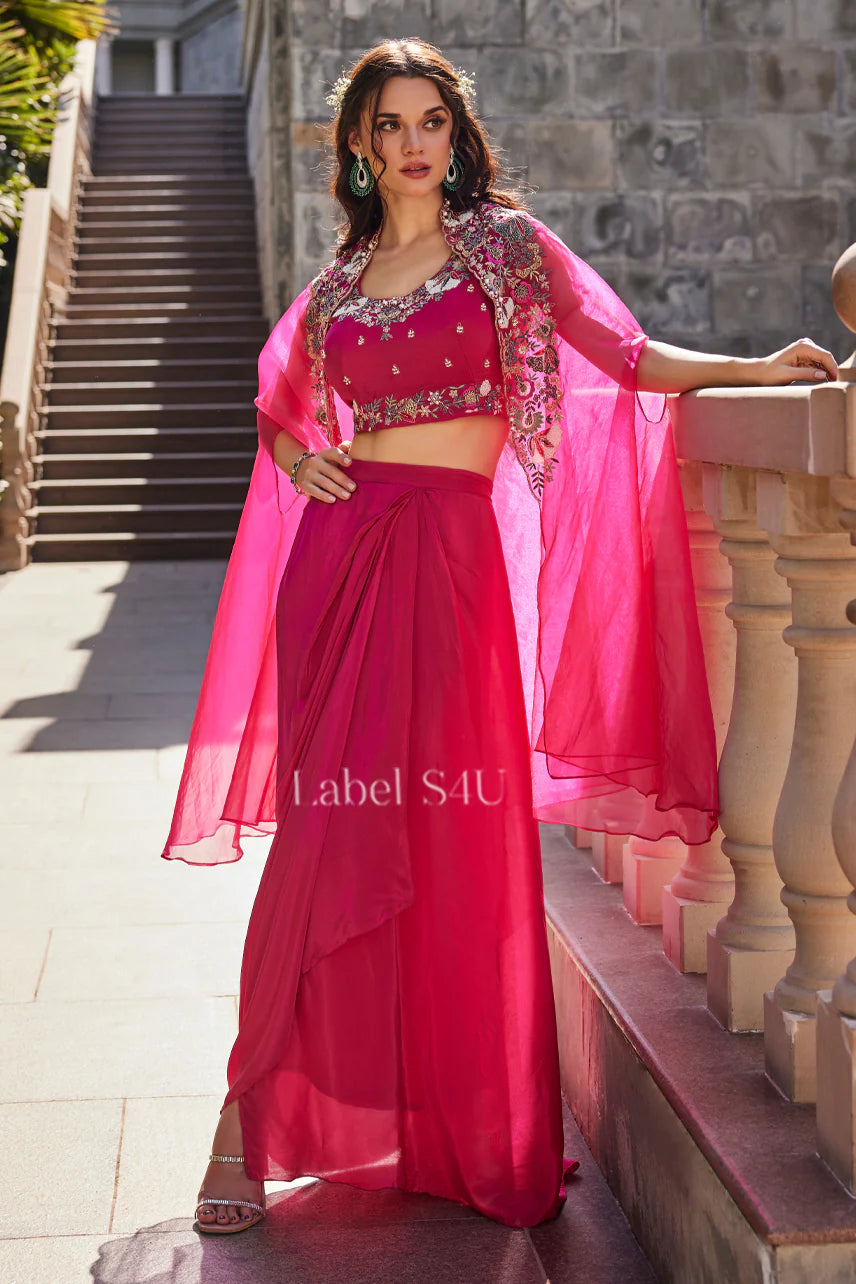 Pink Embroidered Cape Saree Set