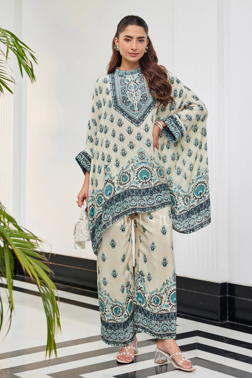 Ivory Teal Kaftan Set
