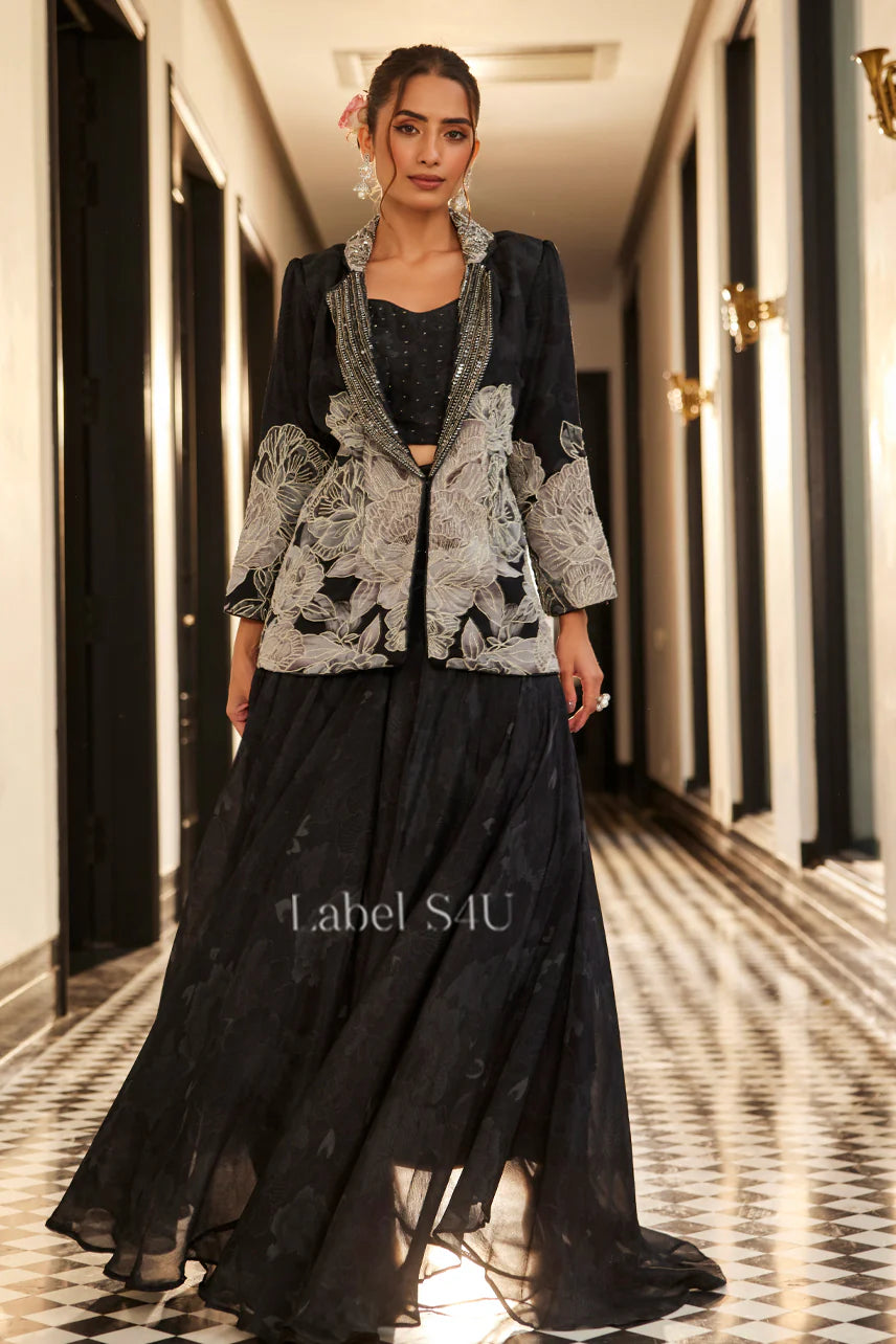 Black Floral Jacket Sharara Set