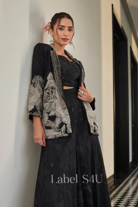 Black Floral Jacket Sharara Set