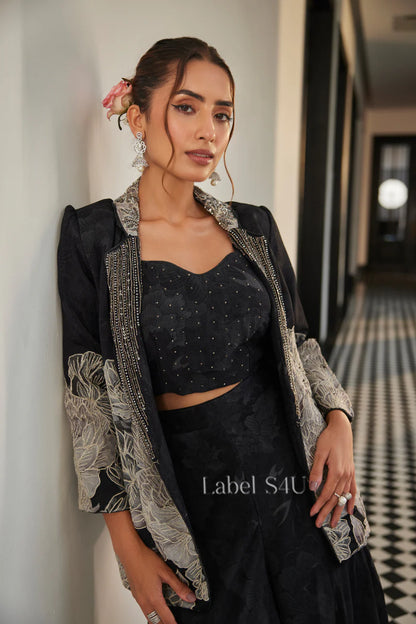 Black Floral Jacket Sharara Set