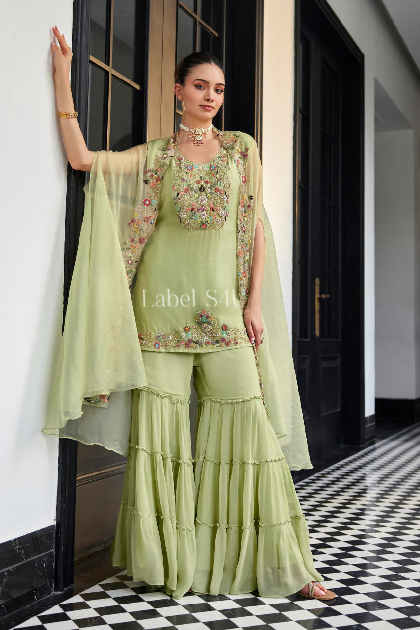 Sage Floral Sharara Suit Set