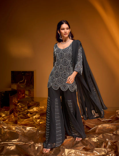 Black Celeste Scallop Embroidered Sharara Set
