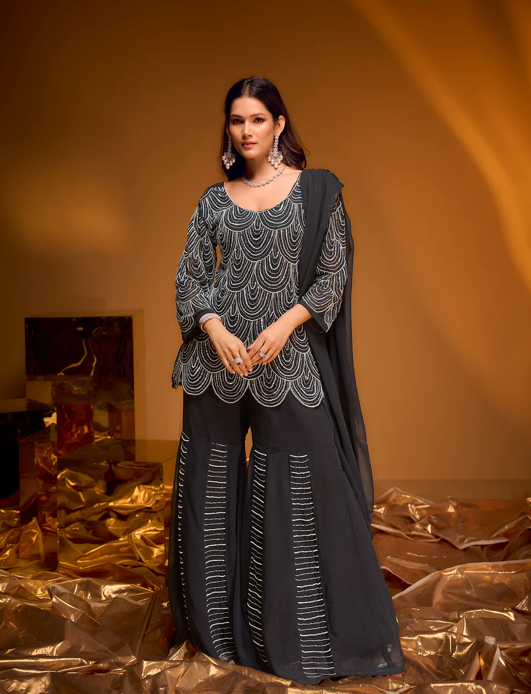 Black Celeste Scallop Embroidered Sharara Set