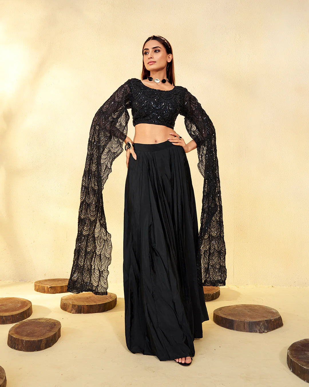 Midnight Enchantress Sequin Cape Lehenga Set