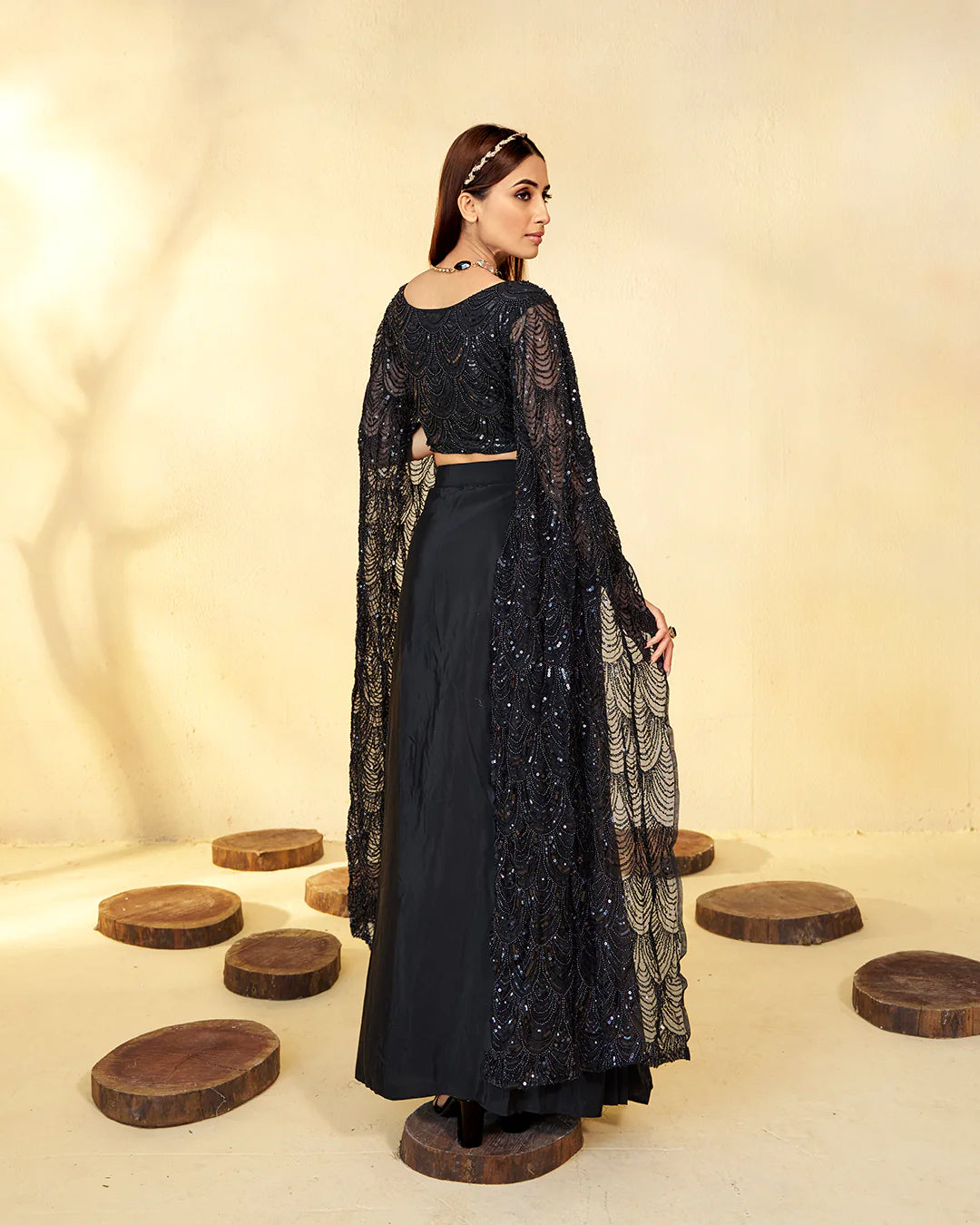 Midnight Enchantress Sequin Cape Lehenga Set