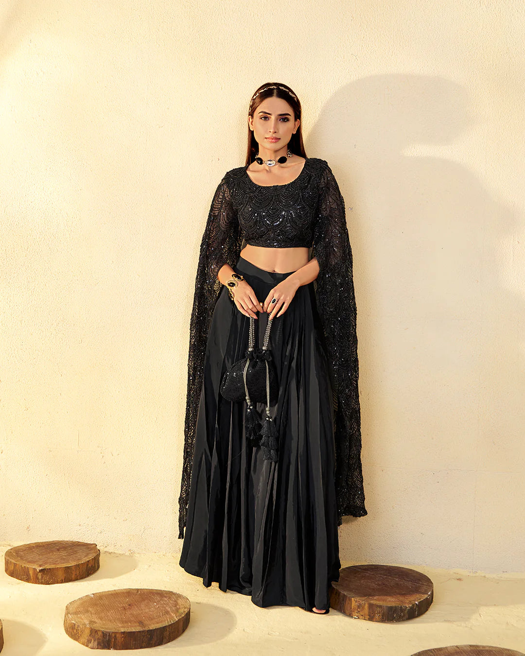 Midnight Enchantress Sequin Cape Lehenga Set