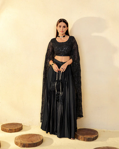 Midnight Enchantress Sequin Cape Lehenga Set
