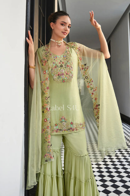 Sage Floral Sharara Suit Set