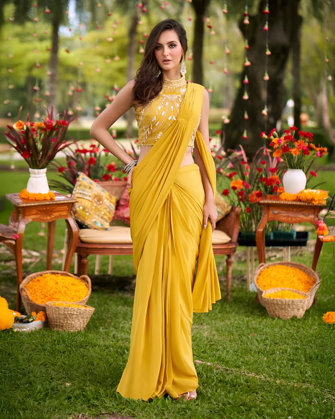 Mustard Draped Saree Set