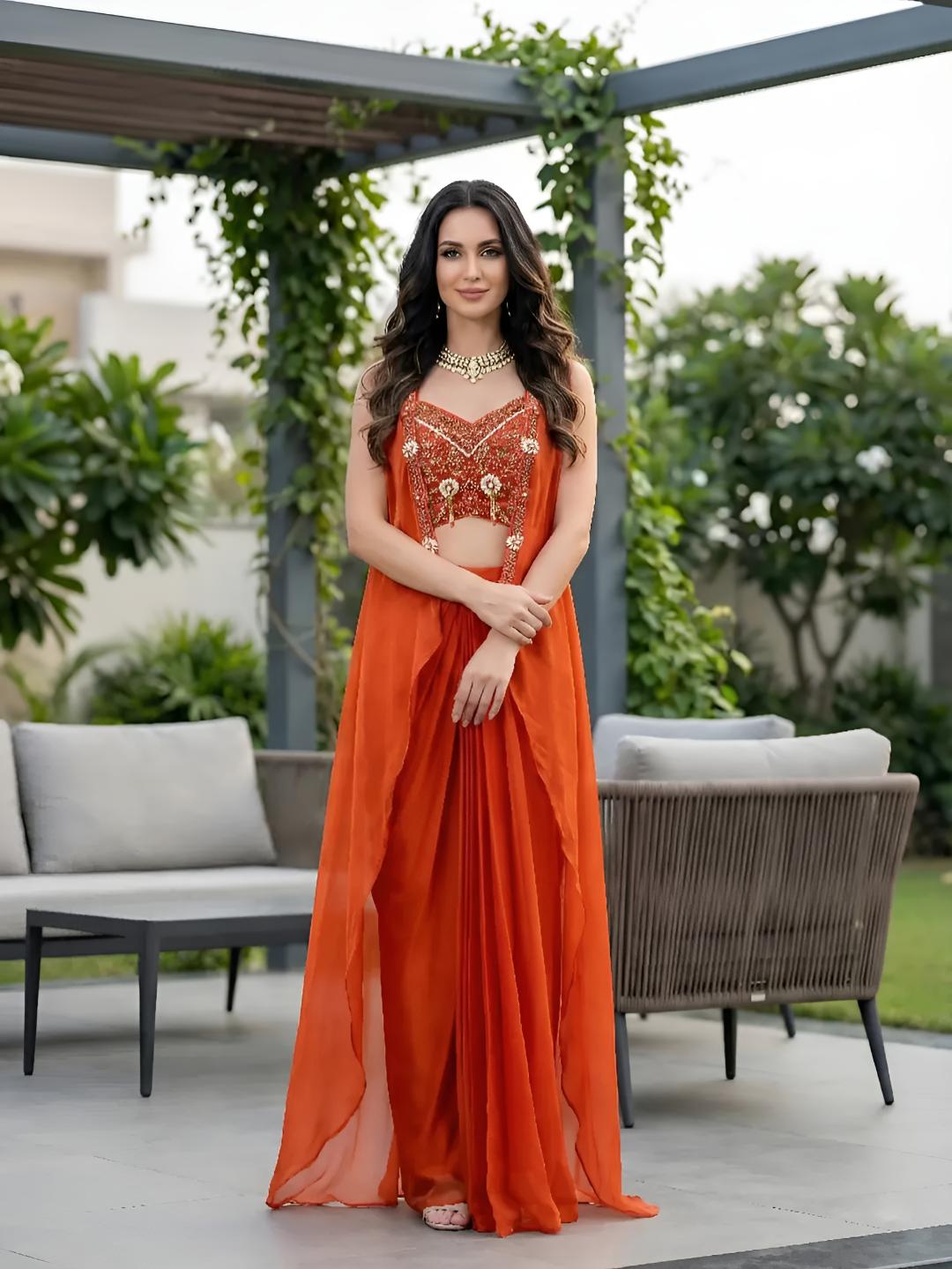 Orange Cape Draped Saree