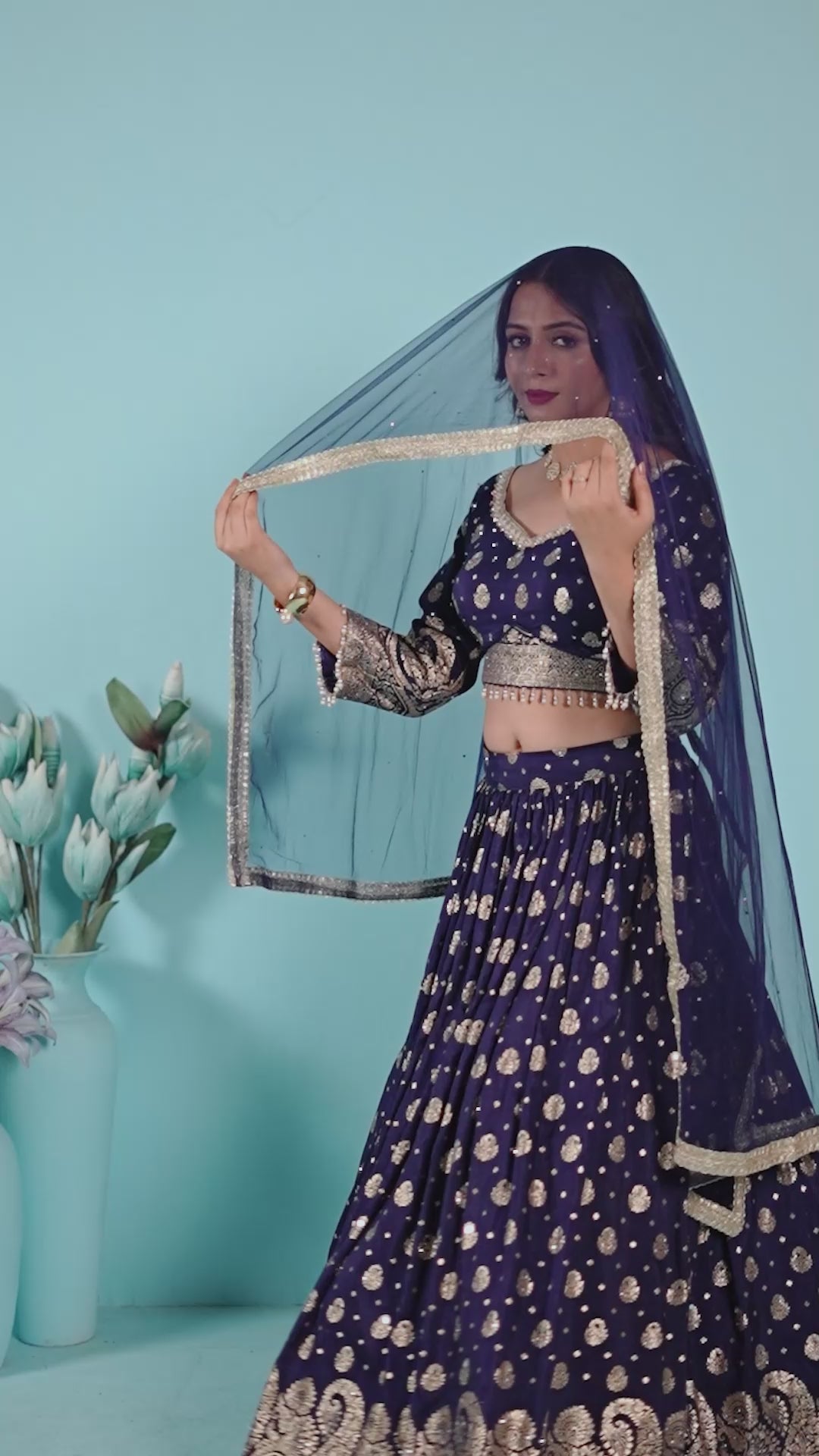Navy Gold Zari Lehenga Set