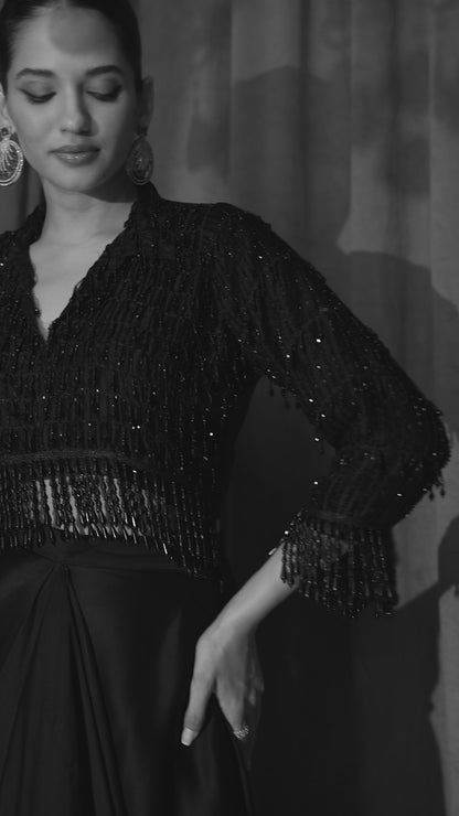 Black Fringe-Sequin Pre-Draped Saree Set